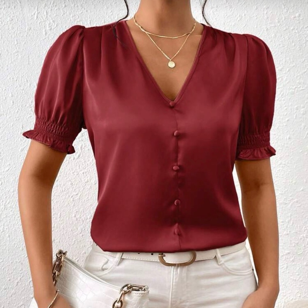 SHEIN Burgundy Puff Sleeve Blouse